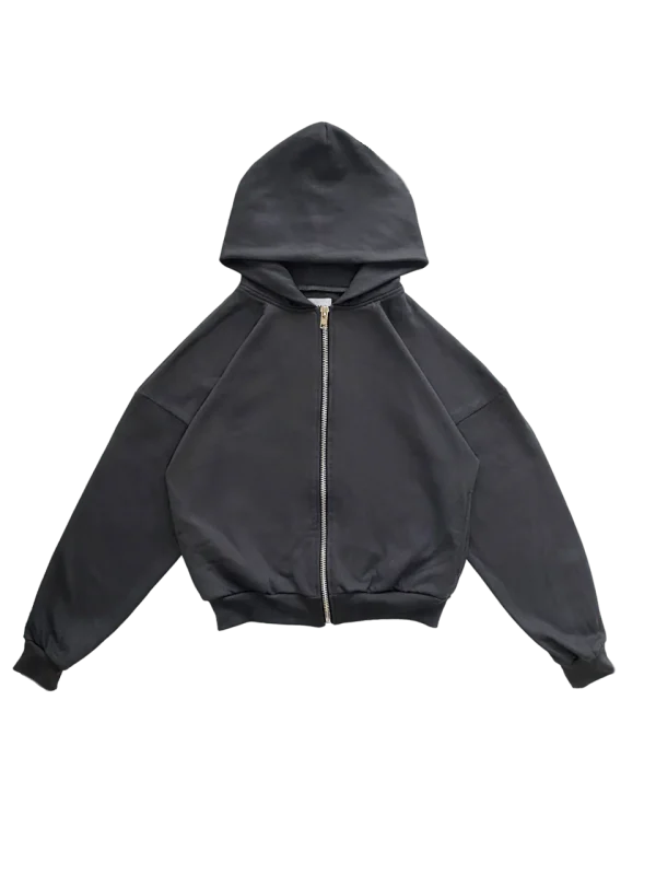 Zip Hoodie, boxy fit. Con cierre, color gris oscuro.